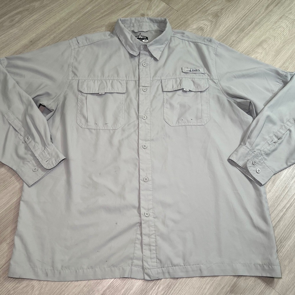 Habit Mens Solar-Factor Long Sleeve Fishing Shirt Dusk Gray XL TS10222 UPF 40+
